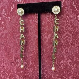 Chanel Pearl Rhinestone Letter Chandelier Dangling Earrings Pierced Authentic